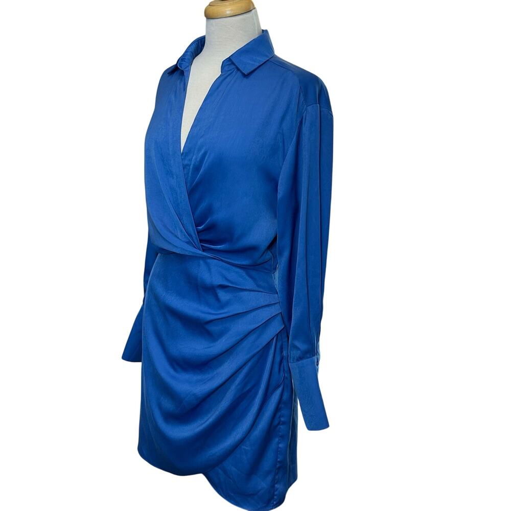 Lucy Paris  Blue Wrap Mini Dress SzM Long Sleeve Ruched Draped Elegant Cocktail